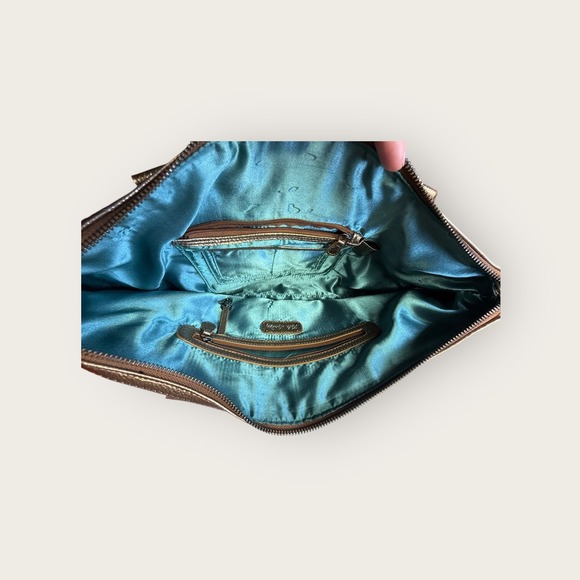 Y2K Landry Sparkling Gold Metallic Tote Bag Braided Handles Zipper Pockets Glam - Picture 7 of 11